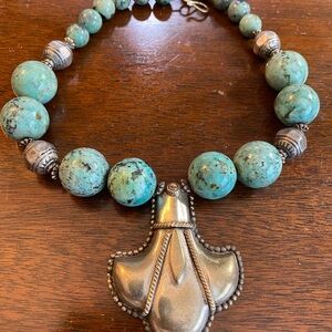 Navajo Turquoise and Silver Beaded Necklace Old Pawn Unsigned "Great " 16 Inches